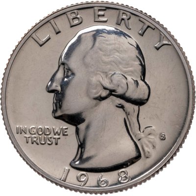 купить США 25 центов (квотер, 1/4 доллара, quarter dollar) 1968 S Proof Washington Quarter (Вашингтон), знак монетного двора "S" - Сан-Франциско