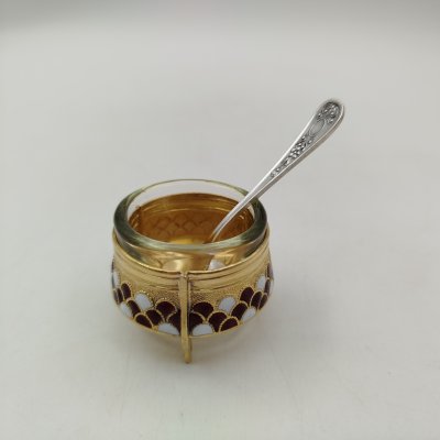 купить Солонка с декором в виде чешуи и ложечкой, мельхиор (медь-никель), эмали, стекло, Мстерская художественная фабрика «Ювелир», СССР, 1970-1990 гг.