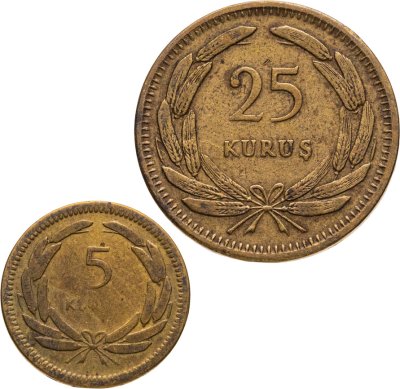 купить Турция набор из 2 монет 5 и 25 курушей (kurus) 1956-1957