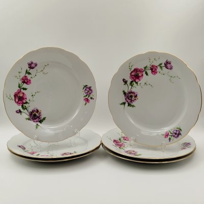 купить Набор из 6-ти обеденных тарелок с цветочным декором, "Gebrüder Benedikt", фарфор, деколь, золочение, Чехословакия, 1960-1990 гг.