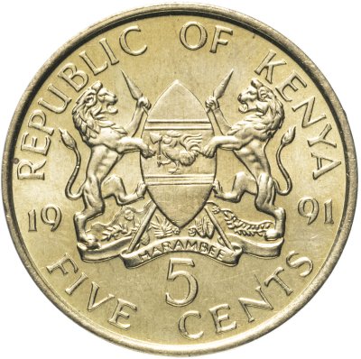 купить Кения 5 центов 1991