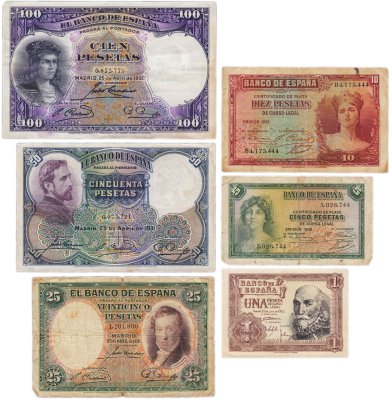 купить Набор Испания 1, 5, 10, 25, 50 и 100 песет 1931, 1935, 1953 (Висенте Лопес Портанья, Эдуардо Росалес, Гонсало Фернандес де Кордова, Парусник) 6 бон