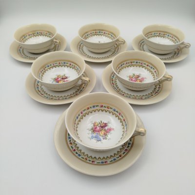 купить Набор чайных пар на 6 персон, с цветочным декором,Raynaud & Co (Limoges), фарфор, деколь, золочение, Франция, 1943-1960 гг.