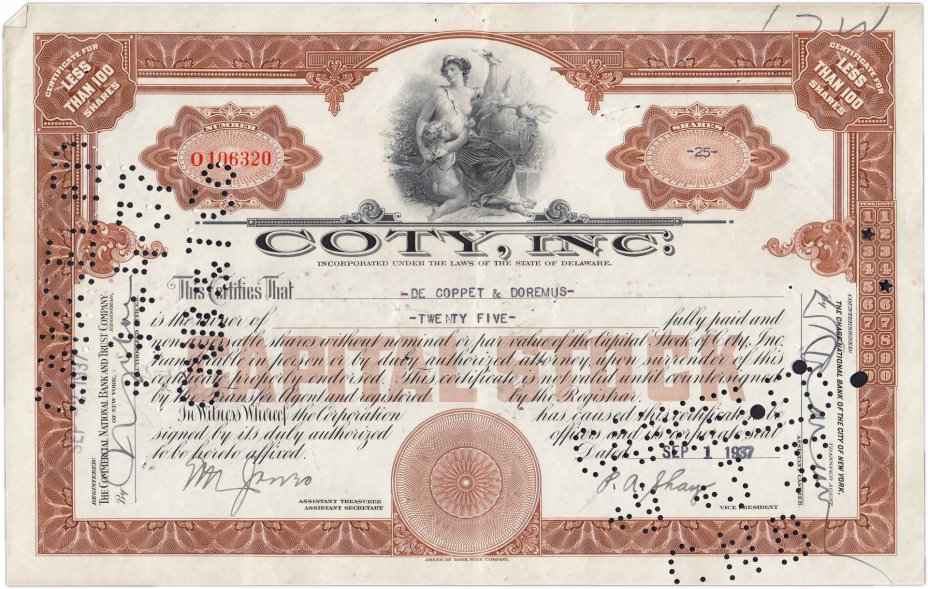 купить Акция США COTY INC., 1932-1937 гг.