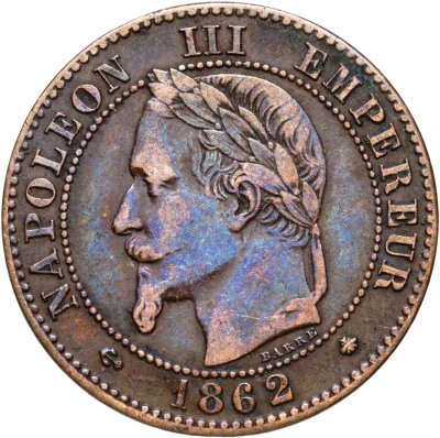 купить Франция 2 сантима (centimes) 1862, знак монетного двора: "A" - Париж