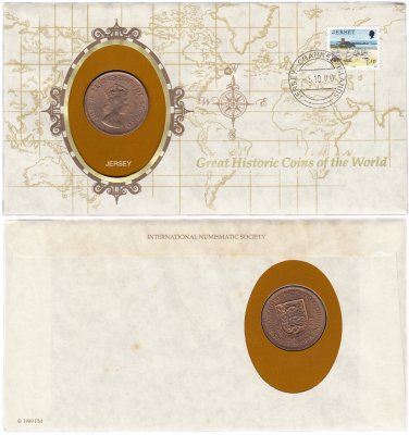 Купить Серия «Великие исторические монеты мира» - Джерси 1/12 шиллинга (shilling) 1960 "300 лет вступления на престол короля Карла II" (монета и 1 марка в конверте)
