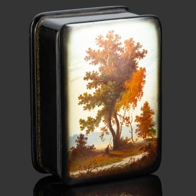 купить Шкатулка (лаковая миниатюра) "Осень", папье-маше, лак, роспись, письмо "по-сквозному", Федоскинская фабрика миниатюрной живописи (Федоскино), СССР, 1963 г.