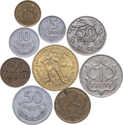 купить Польша набор из 9 монет 1, 2, 5, 10, 50 грош, 1, 2 злотых 1923-2014