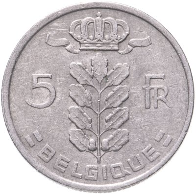 Купить Бельгия 5 франков (franc) 1974 (Надпись на французском - 'BELGIQUE')