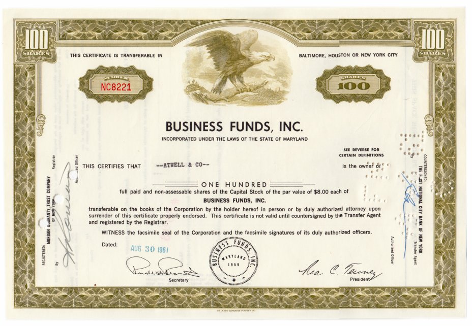 купить Акция США BUSINESS FUNDS, INC  1961 г.