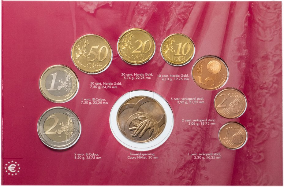 купить Нидерланды 2002 официальный годовой набор евро из 8 монет и жетона "Молодоженам" в буклете
