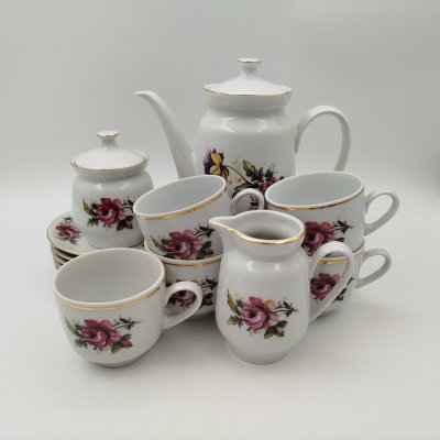 купить Кофейный сервиз с цветочным декором на 5 персон (13 предметов), фарфор, деколь, золочение, Болгария, 1970-1980 гг.