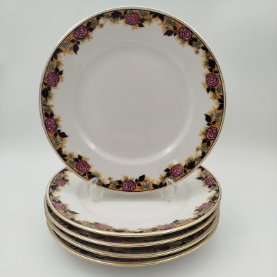 купить Набор из 5-ти десертных тарелок, украшенных цветочным и растительным орнаментом, фарфор, деколь, золочение, Balleroy Freres, Франция, 1908-1937 гг.