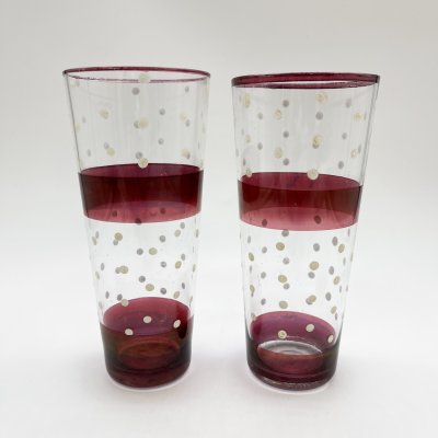 Купить Набор из 2-х стаканов с декором в горошек и с поперечными полосами марганцевого оттенка, в подборе, стекло, СССР, 1970-1990 гг.