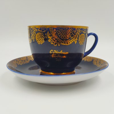 купить Пара чайная с ажурным орнаментальным декором, фарфор, крытье кобальтом, золочение, Ленинградский фарфоровый завод (ЛФЗ), СССР, 1970-1992 гг.