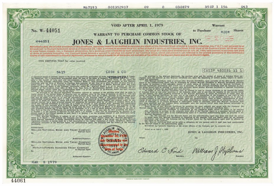 купить Акция США JONES & LAUGHLIN INDUSTRIES, INC. 1979 г.