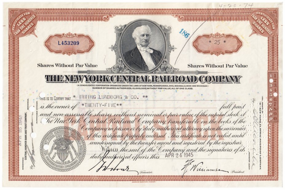 купить Акция США THE NEW YORK CENTRAL RAILROAD COMPANY 1945