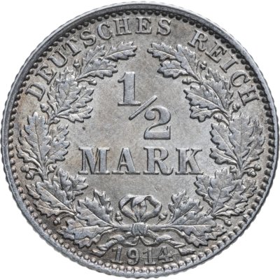 купить Германия 1/2 марки (mark) 1914 знак монетного двора: "J" - Гамбург