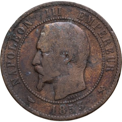 купить Франция 10 сантимов (centimes) 1853 B знак монетного двора: "B" - Руан