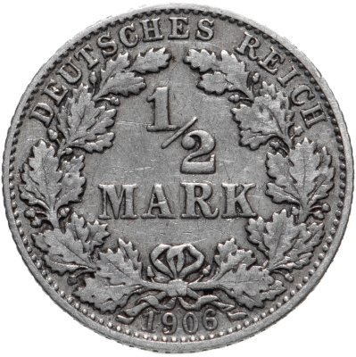 Купить Германия 1/2 марки (mark) 1906 D  знак монетного двора: "D" - Мюнхен