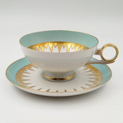 купить Чайная пара бирюзового цвета с золотистым декором (чашка и десертная тарелка), фарфор, крытье, золочение, Wallendorf, ГДР, 1963-1990 гг.