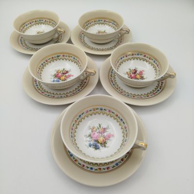 купить Набор чайных пар на 5 персон, с цветочным декором,Raynaud & Co (Limoges), фарфор, деколь, золочение, Франция, 1943-1960 гг.