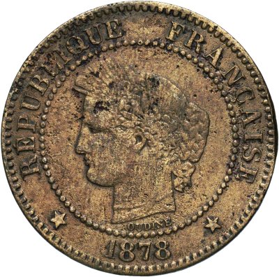 купить Франция 2 сантима (centimes) 1878, знак монетного двора: "A" - Париж