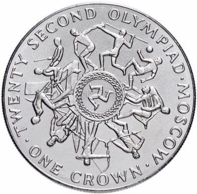 купить Остров Мэн 1 крона 1980 XXII летние Олимпийские игры Москва 1980/ метатель копья сверху монеты /