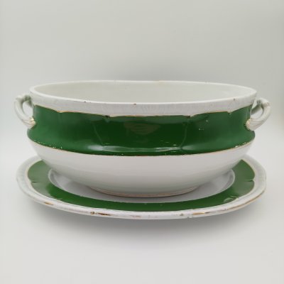 купить Набор из блюда, террины (без крышки) с зеленым кантом, фаянс, крытье, золочение, Товарищество М.С. Кузнецова, Российская империя, 1890-1917 гг.