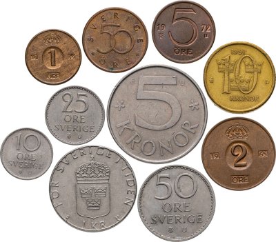 купить Швеция набор из 10 монет 1, 2, 5, 10, 25, 50 эре (ore) , 1, 5, 10 крон 1959-2002