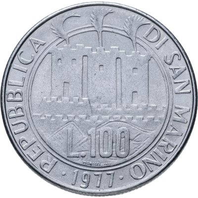 купить Сан-Марино 100 лир (lire) 1977 Экология - кольцо из звёздочек на реверсе
