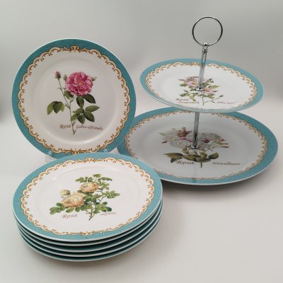 купить Набор из 6-ти десертных тарелок и двухуровневой фруктовницы, украшенных ботаническими иллюстрациями, фарфор, деколь, крытье, Китай, 1980-2000 гг.