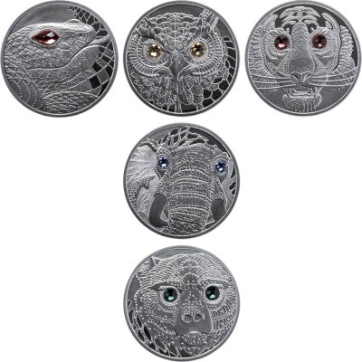 купить Австрия 20 евро 2021-2023 набор из 5-ти монет "Глаза природы: Змея, сова, слон, тигр, медведь" в эксклюзивном подарочном футляре с сертификатами