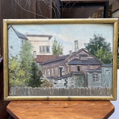 купить Картина "Дворик дома М. И. Калинина. Таллин" в раме, автор Гребенщиков Е. Ц., картон, масло, дерево, СССР, 1962 г.