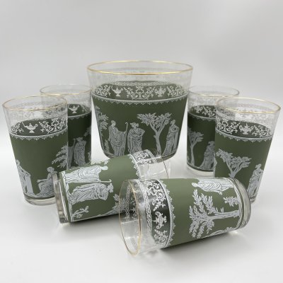 купить Набор для прохладительных напитков на 6 персон, украшенный античными сценами (ведерко для льда, 6 стаканов), Libbey Glass, стекло, деколь, золочение, США, 1970-1990 гг.