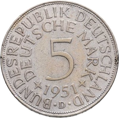 купить Германия 5 марок (deutsche mark) 1951 D знак монетного двора: "D" - Мюнхен