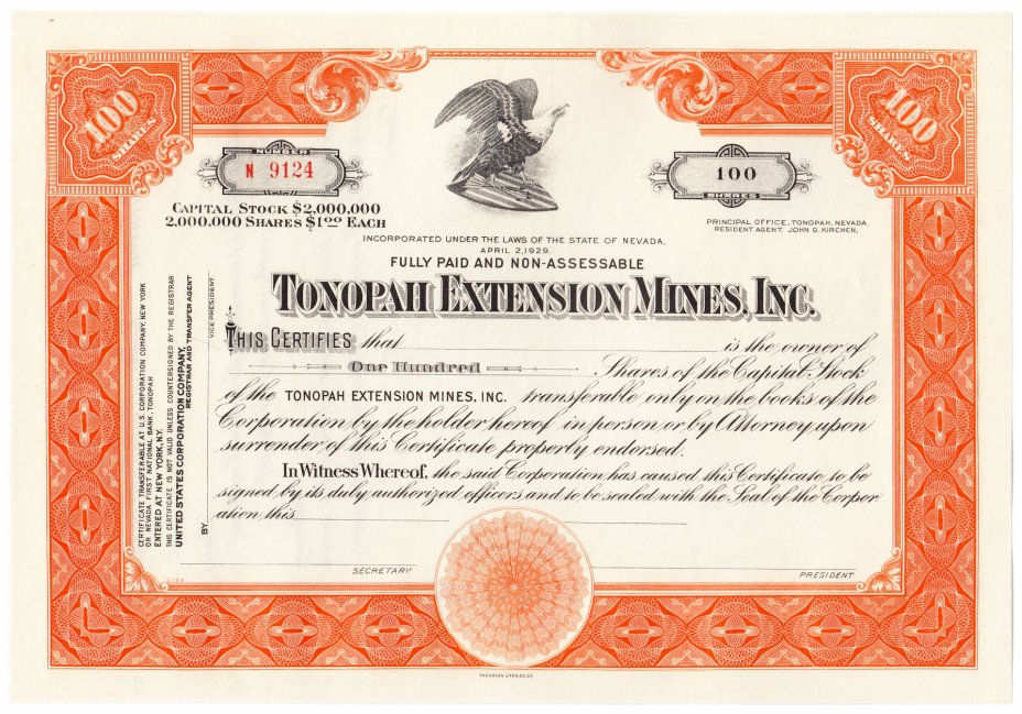 купить Акция США Tonopah Extension Mines, Inc. (Nevada) 1929 г.