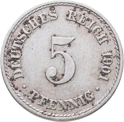 купить Германия 5 пфеннигов (pfennig) 1901 A знак монетного двора: "A" - Берлин