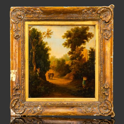 купить Картина в раме "Пейзаж с детьми", выполненная в стиле английской школы живописи, дерево, масло, Европа, 1850-1880 гг.