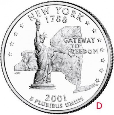 Купить США 25 центов (квотер) 2001 D — штат Нью-Йорк