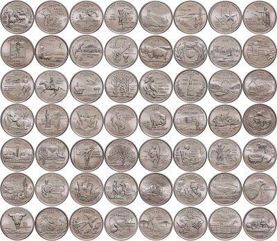 купить США набор монет 1/4 доллара (25 центов, квотер) из серии "Штаты и Территории" Двор D (56 штук, UNC)