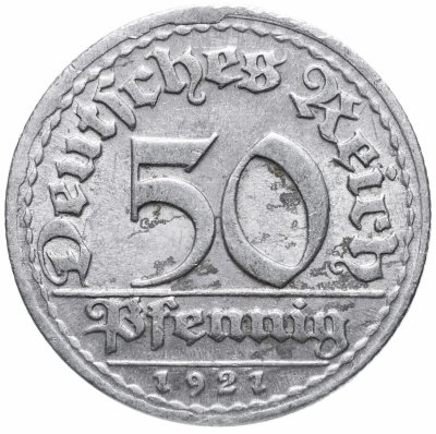 купить Германия (Веймарская республика) 50 пфеннигов (pfennig) 1921 D брак "расслоение заготовки"