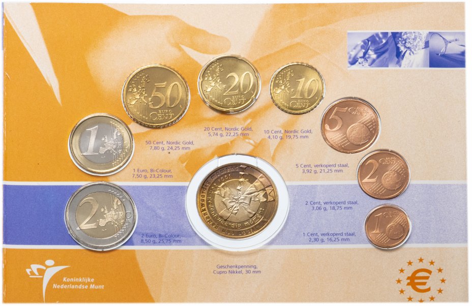 купить Нидерланды 2003 официальный годовой набор евро из 8 монет, чека и жетона "Iris and VVV" в буклете