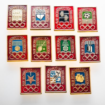 купить Подборка значков с видами спортивных соревнований на Играх XXII летней Олимпиады Москва-1980, СССР, ЭТПК (г. Москва), 1980-е гг.
