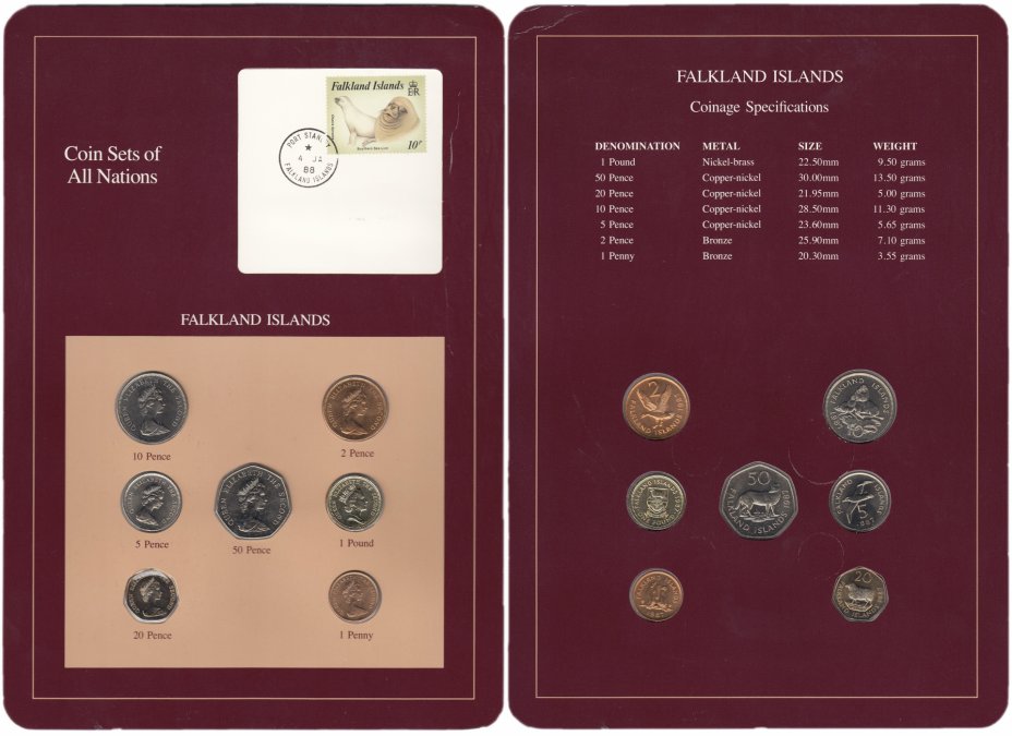 купить Серия "Наборы монет всех стран мира" - Фолклендские острова (набор из 7 монет и 1 марки в буклете)