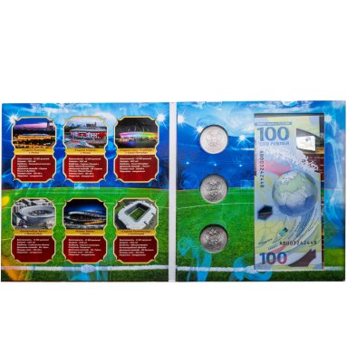 купить Набор 3х монет России 25 рублей и банкноты Чемпионат Мира по Футбол 2018 в альбоме