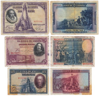 купить Набор Испания 25, 50 и 100 песет 1928 (3 боны) Педро Кальдерон де ла Барка, Диего Родригес де Силва и Веласкес, Мигель де Сервантес (6 наборов)