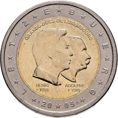 купить Люксембург 2 евро (euro) 2005 "50 лет правящему монарху Анри Нассау и 100 лет со дня смерти герцога Адольфа"