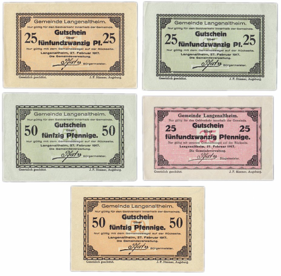 купить Германия (Бавария: Лангенальтхайм) набор из 5 нотгельдов 1917 с печатями