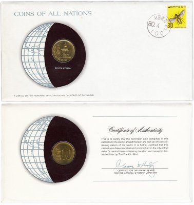 купить Серия «Монеты всех стран мира» - Южная Корея 10 вон (won) 1979 (монета и 1 марка в конверте)